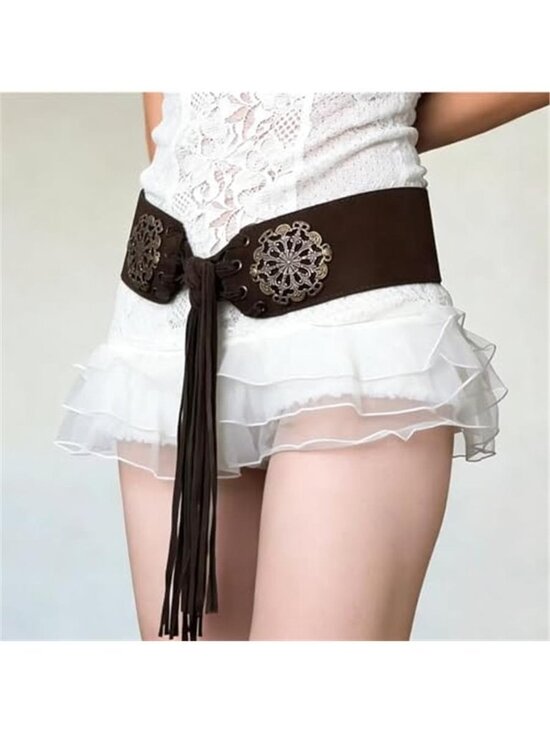 Women\'s Vintage Disc Renaissance Corset Suede-Cinch-Belt with Tassel